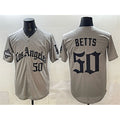 Los Angeles Dodgers #50 Mookie Betts Grey Jereymy LA Gothic Style With 2025 World Series Champions Patch Limited Stitched Jersey
