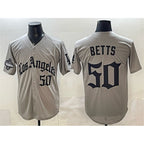 Los Angeles Dodgers #50 Mookie Betts Grey Jereymy LA Gothic Style With 2025 World Series Champions Patch Limited Stitched Jersey