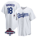 Los Angeles Dodgers #18 Yoshinobu Yamamoto White Jereymy 2024 World Series Champions Cool Base Stitched Jersey
