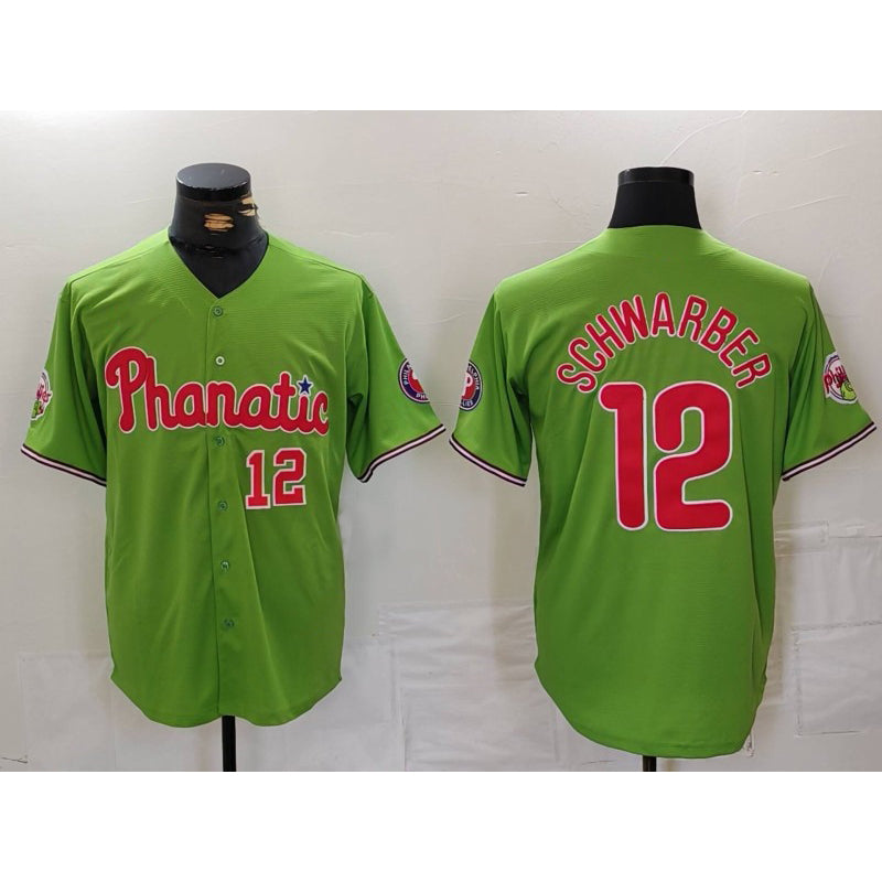 Philadelphia Phillies #12 Kyle Schwarber Number Green Jereymy With Patch Stitched Cool Base Jersey