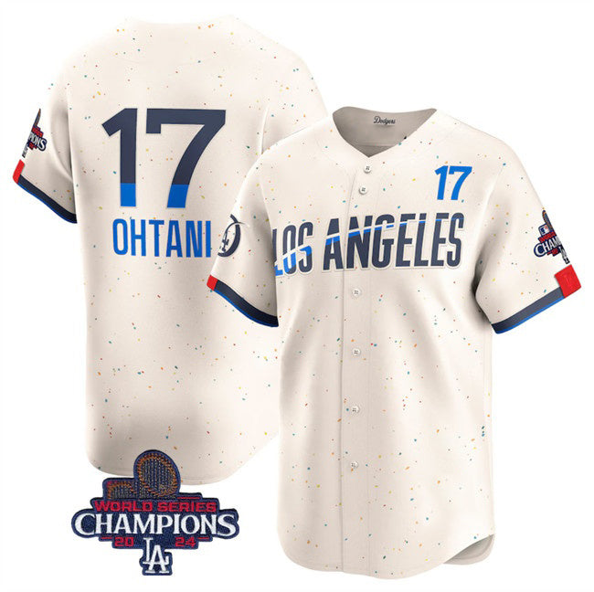 Los Angeles Dodgers #17 Shohei Ohtani Cream Jereymy 2024 World Series Champions City Connect Limited Stitched Jersey