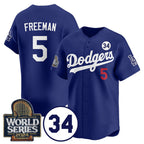 Los Angeles Dodgers #5 Freddie Freeman Royal Jereymy 2024 World Series With No. 34 Patch Cool Base Stitched Jersey