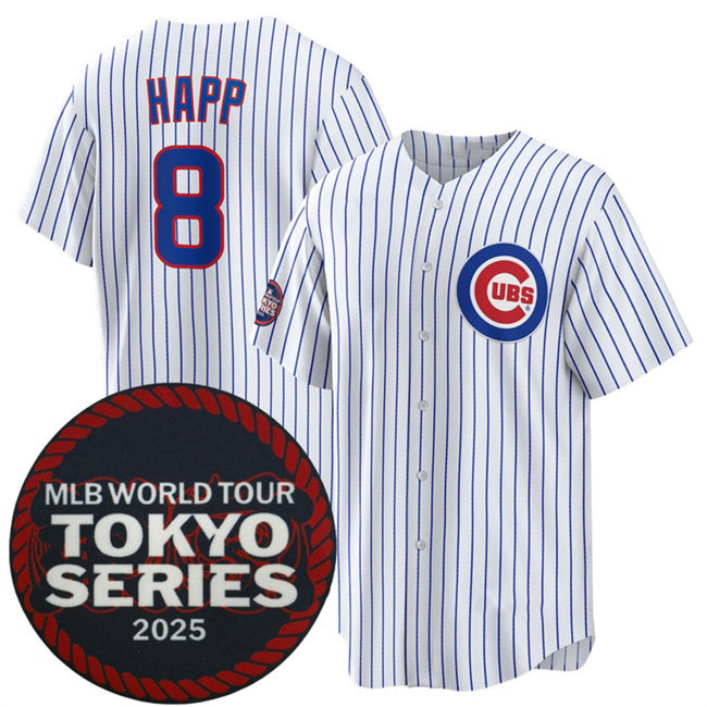 Chicago Cubs #8 Ian Happ White Jereymy 2025 World Tour Tokyo Series Home Stitched Jersey