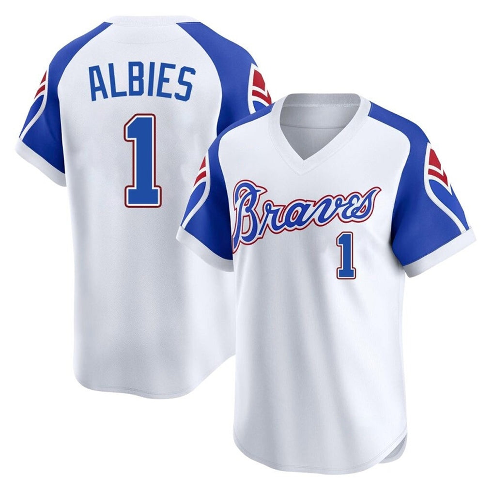 Atlanta Braves #1 Ozzie Albies Player White Jereymy Throwback Cooperstown Collection T-shirt Game Stitched Jerseys