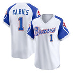 Atlanta Braves #1 Ozzie Albies Player White Jereymy Throwback Cooperstown Collection T-shirt Game Stitched Jerseys