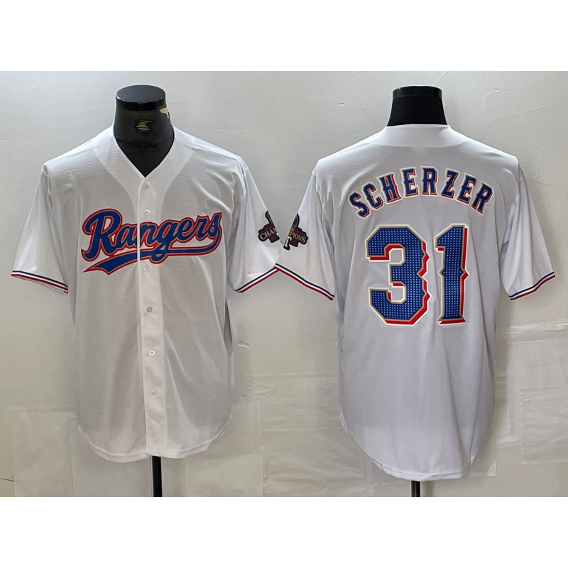 Texas Rangers #31 Max Scherzer White Jereymy 2023 World Series Champions Cool Base Jersey