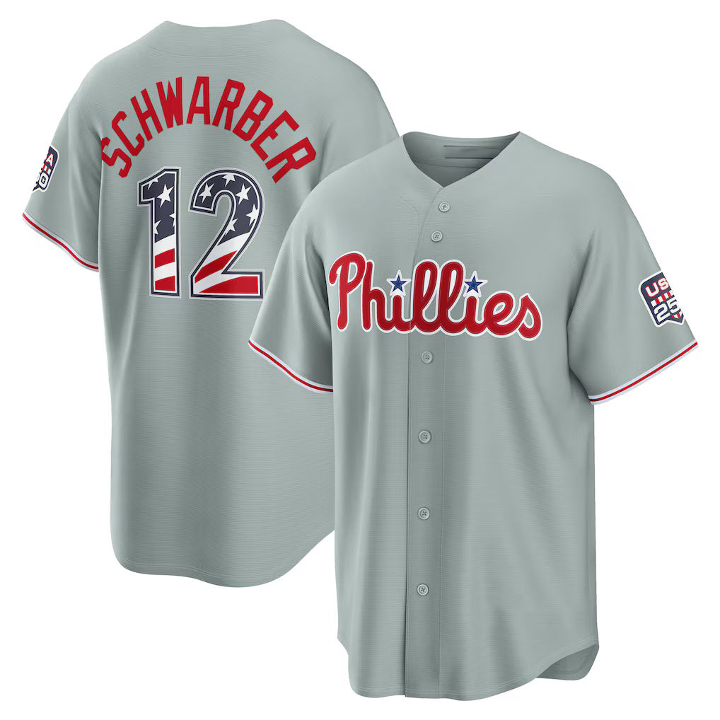 Philadelphia Phillies #12 Kyle Schwarber USA 250 Fourth of July Road Stadium Jersey - Gray Jereymy