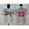 San Diego Padres #22 Juan Soto White Jereymy Pinstripe 2023 City Connect Cool Base Stitched Jersey