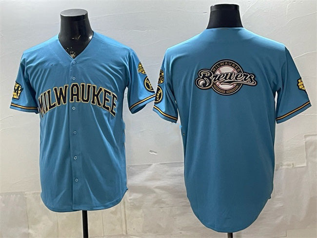 Milwaukee Brewers Team Big Logo Blue Jereymy With Home & Bob Uecker Patch Stitched Jersey