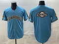 Milwaukee Brewers Team Big Logo Blue Jereymy With Home & Bob Uecker Patch Stitched Jersey