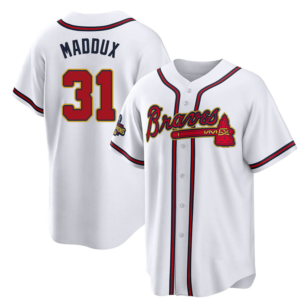 Atlanta Braves #31 Greg Maddux Player White Gold Jereymy Home Game Stitched Jerseys