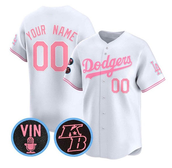 Custom Los Angeles Dodgers Active Player White Pink Jereymy With Vin & Kobe Patch Limited Stitched Jersey