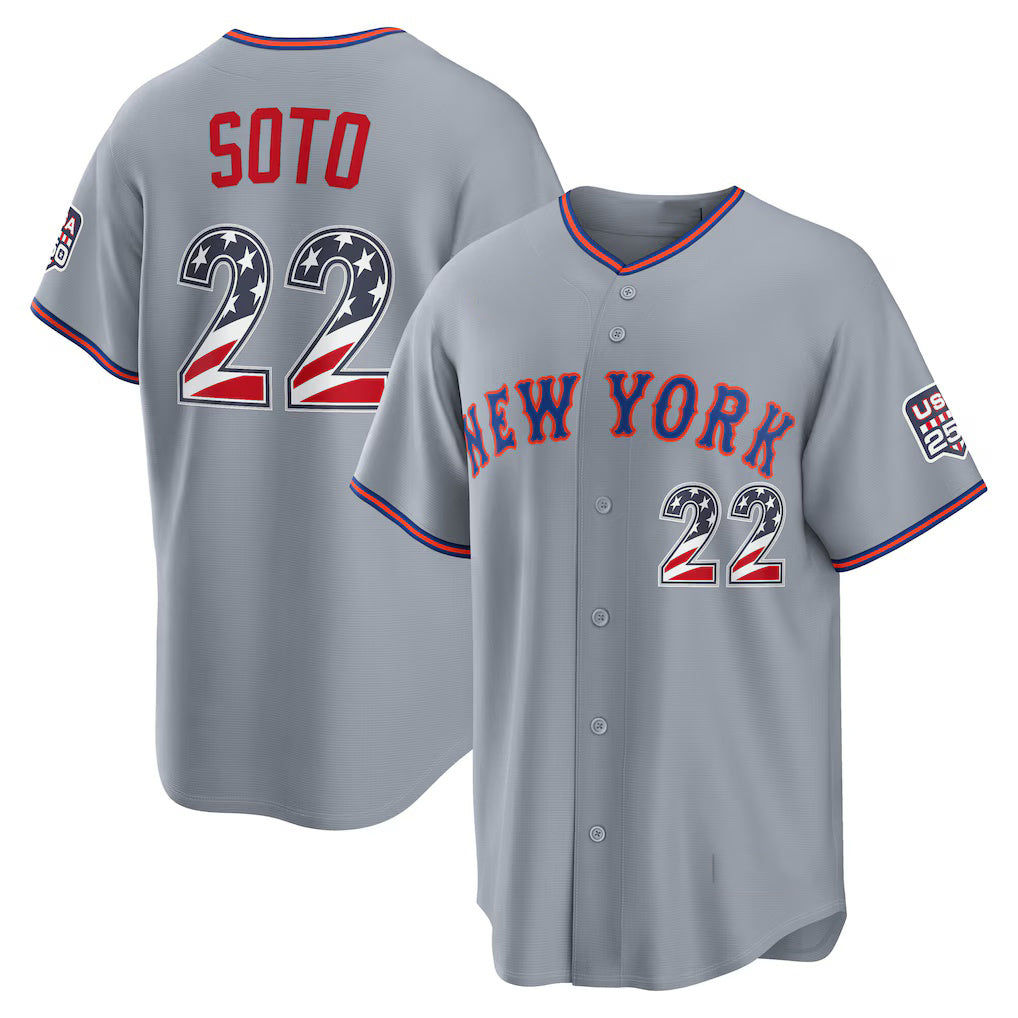 New York Mets #22 Juan Soto USA 250 Fourth of July Road Stadium Jersey - Gray Jereymy