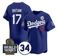 Los Angeles Dodgers #17 Shohei Ohtani Royal Jereymy 2024 World Series With No. 34 Patch Cool Base Stitched Jersey