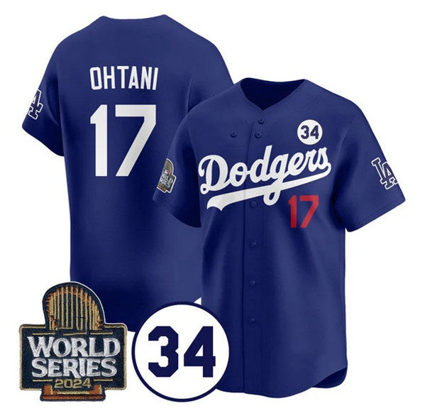Los Angeles Dodgers #17 Shohei Ohtani Royal Jereymy 2024 World Series With No. 34 Patch Cool Base Stitched Jersey