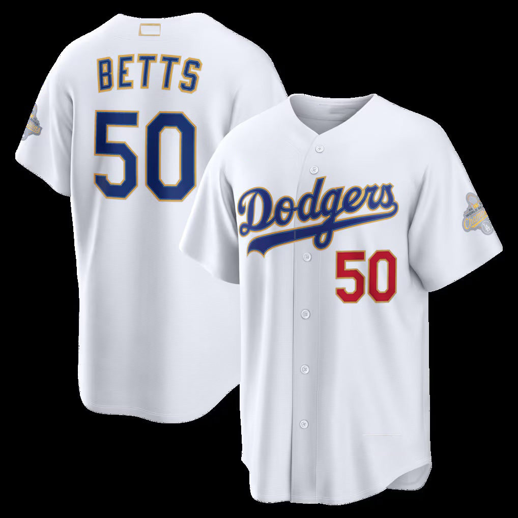 Los Angeles Dodgers #50 Mookie Betts White Jereymy 2026 Gold Collection Stadium Jersey