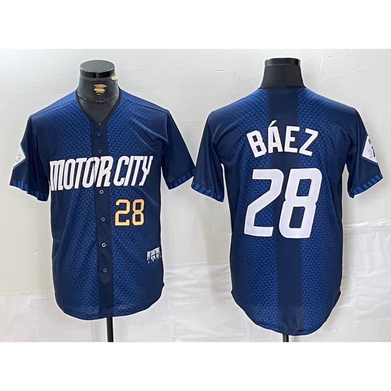 Detroit Tigers #28 Javier Baez Number 2024 Navy Jereymy City Connect Cool Base Limited Stitched Jersey 2