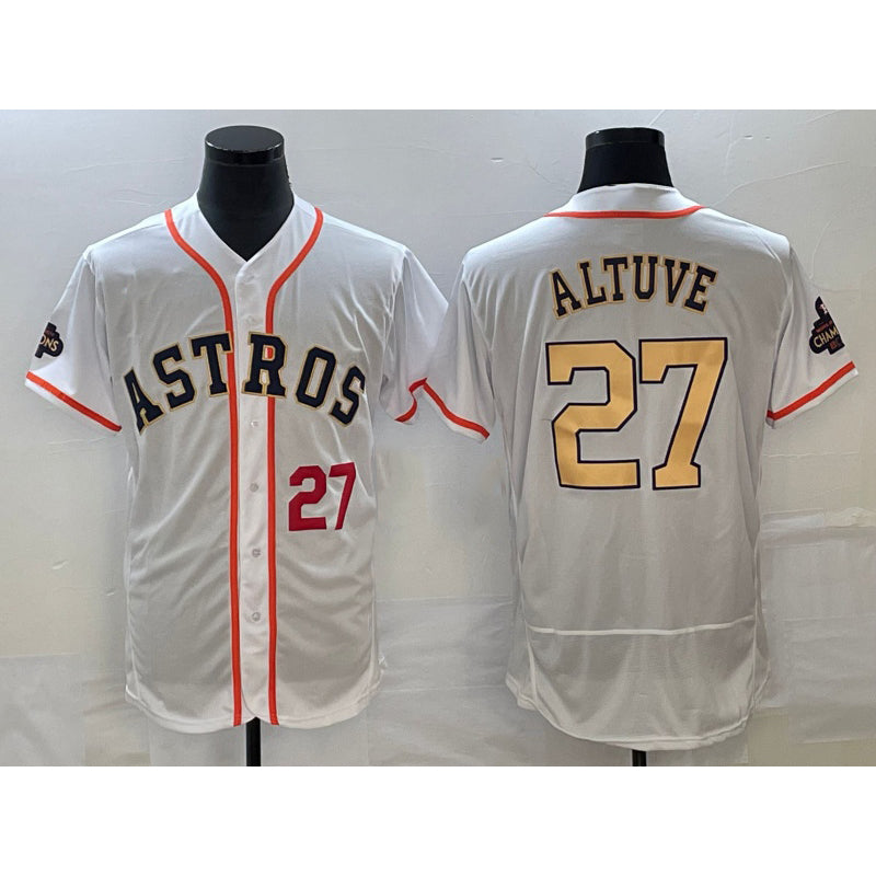 Houston Astros #27 Jose Altuve Number 2023 White Jereymy Gold World Serise Champions Patch Flex Base Stitched Jersey