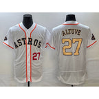 Houston Astros #27 Jose Altuve Number 2023 White Jereymy Gold World Serise Champions Patch Flex Base Stitched Jersey