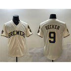 Milwaukee Brewers #9 Bob Uecker Cream Jereymy With Home Patch Stitched Jersey