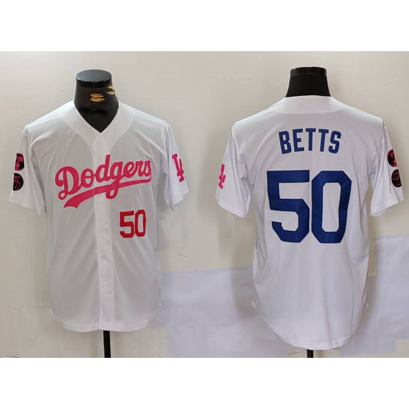 Los Angeles Dodgers #50 Mookie Betts White Pink Jereymy Vin & Kobe Patch Stitched Jersey 2