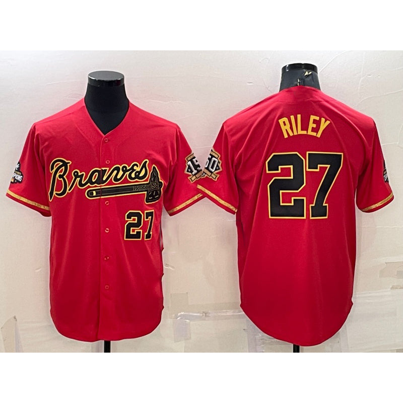 Atlanta Braves #27 Austin Riley Red Gold Jereymy World Series Champions Program Cool Base Stitched Jersey
