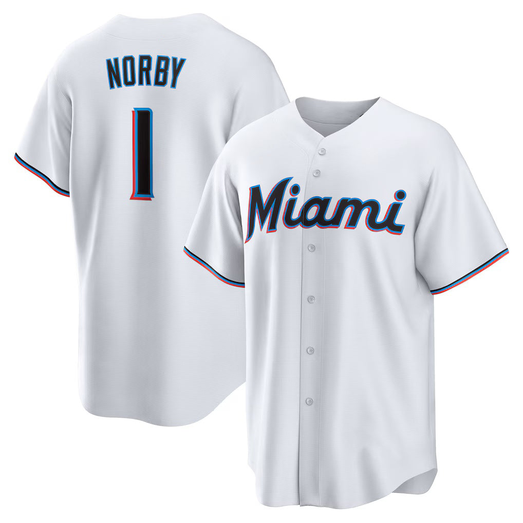 Miami Marlins #1 Connor Norby White Jereymy Home Replica Jersey