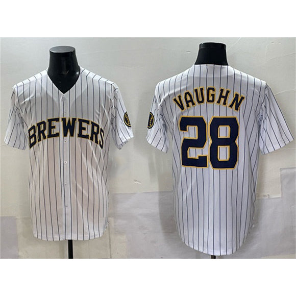 Milwaukee Brewers #28 Andrew Vaughn White Jereymy Pinstripe 2025 With Patch Stitched Jersey
