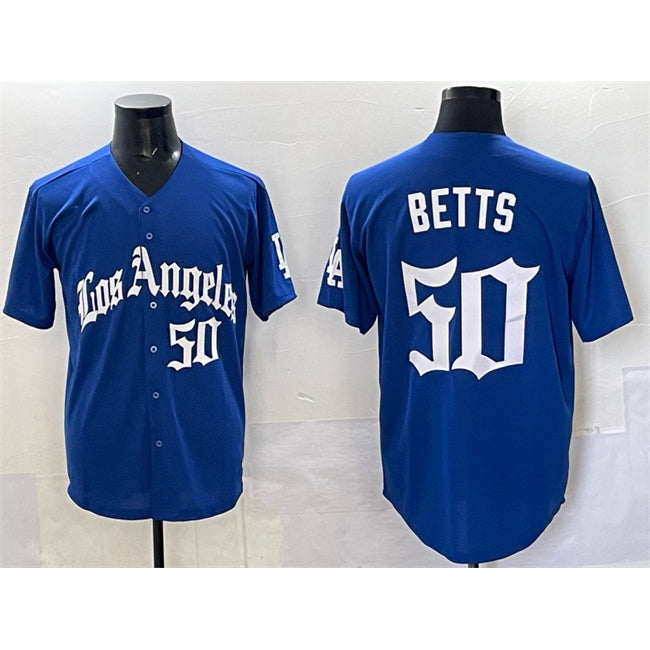 Los Angeles Dodgers #50 Mookie Betts Blue Jereymy 2025 LA Gothic Style With Fernando Patch Vapor Premier Limited Stitched Jersey