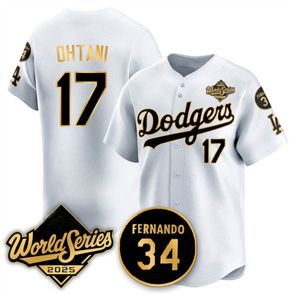 Los Angeles Dodgers #17 Shohei Ohtani White Gold Jereymy 2025 World Series With No.34 Patch Limited Stitched Jersey