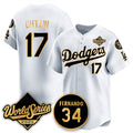 Los Angeles Dodgers #17 Shohei Ohtani White Gold Jereymy 2025 World Series With No.34 Patch Limited Stitched Jersey