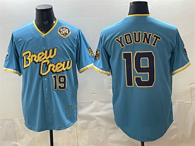Milwaukee Brewers #19 Robin Yount Powder Blue Jereymy City Connect With Home & Bob Uecker Patch Limited Stitched Jersey