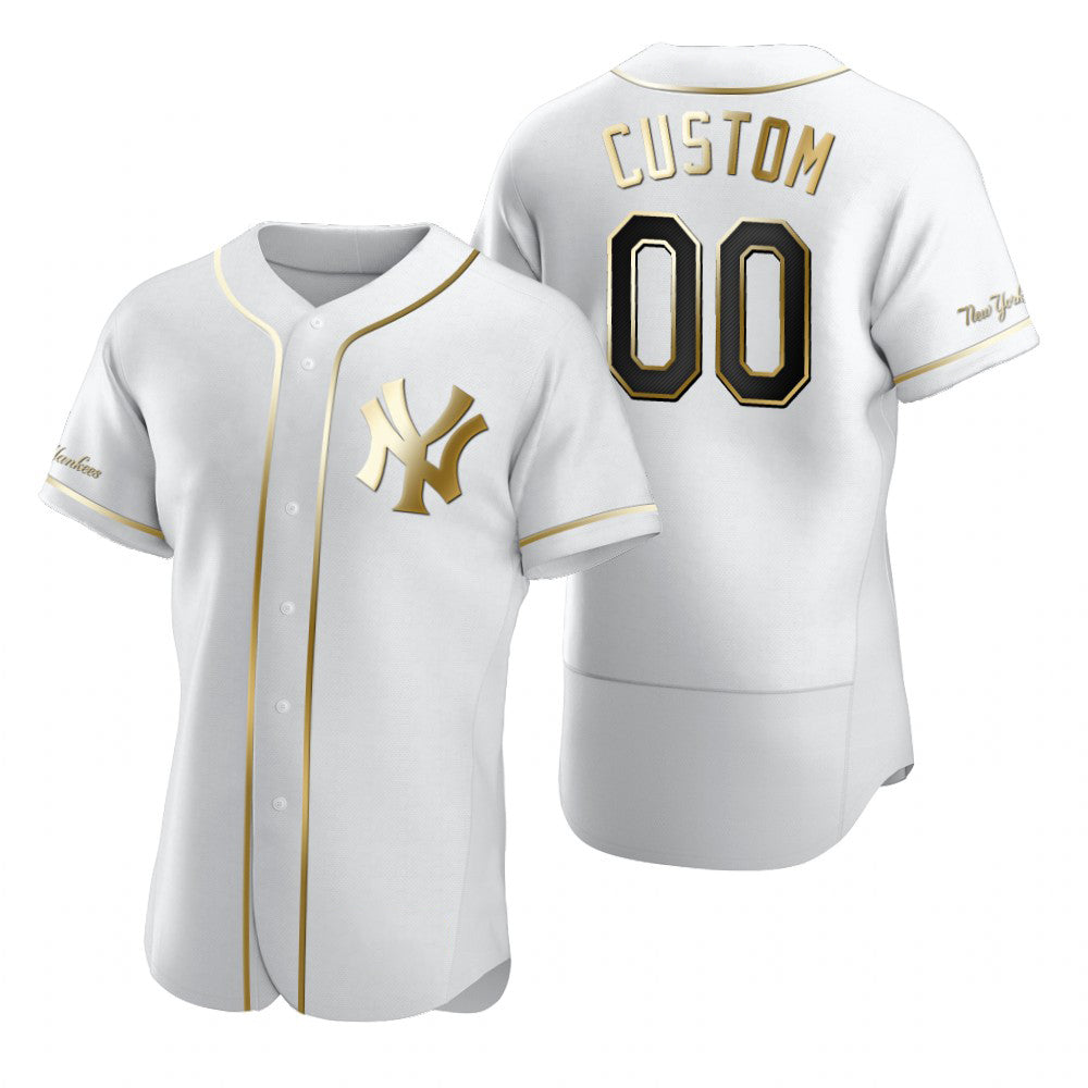 Custom New York Yankees White Jereymy Stitched Flex Base Golden Edition Jersey