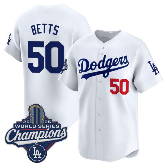 Los Angeles Dodgers #50 Mookie Betts White Jereymy 2025 Champions Stitched Jersey