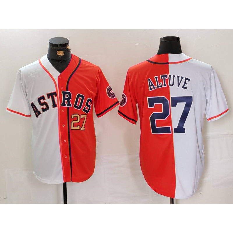 Houston Astros #27 Jose Altuve White Orange Jereymy Blue Number Split Stitched Jerseys