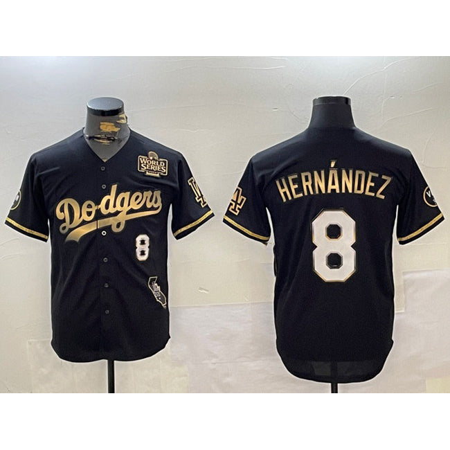 Los Angeles Dodgers #8 Enrique Hern¨¢ndez Black Gold Jereymy 2024 World Series With Vin & California Patch Vapor Premier Limited Stitched Jersey