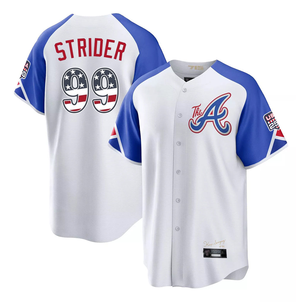 Atlanta Braves #99 Spencer Strider Player White Jereymy USA 250 Fourth Of July City Connect Home Game Stitched Jerseys