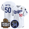 Los Angeles Dodgers #50 Mookie Betts White Jereymy 2024 World Series With Fernando Memorial Patch Limited Stitched Jersey