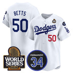 Los Angeles Dodgers #50 Mookie Betts White Jereymy 2024 World Series With Fernando Memorial Patch Limited Stitched Jersey