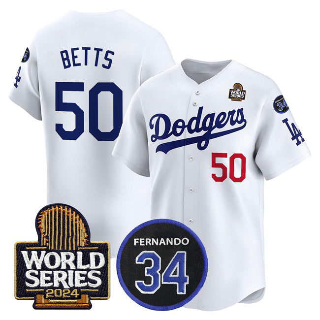 Los Angeles Dodgers #50 Mookie Betts White Jereymy 2024 World Series With Fernando Memorial Patch Limited Stitched Jersey