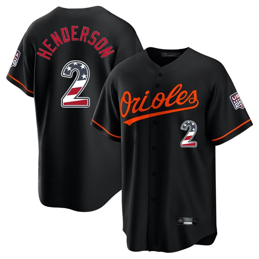Baltimore Orioles #2 Gunnar Henderson Player Black Jereymy USA 250 Fourth of July Home Game Stitched Jerseys