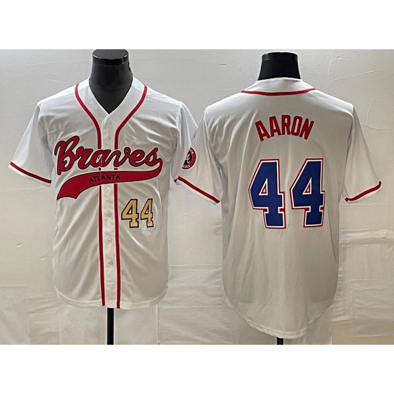 Atlanta Braves #44 Hank Aaron Number White Jereymy Cool Base With Patch Stitched Jersey