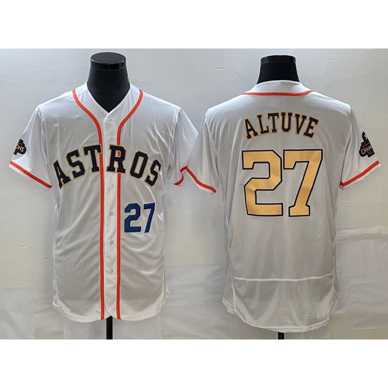 Houston Astros #27 Jose Altuve Number 2023 White Jereymy Gold World Serise Champions Patch Flex Base Stitched Jersey 2