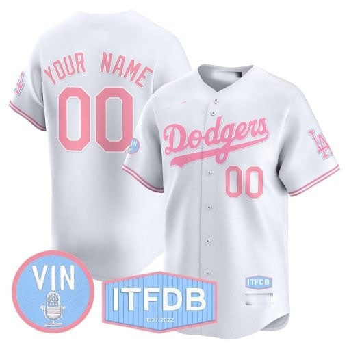 Custom Los Angeles Dodgers Vin ITFDB Patch Bubblegum Pink Vapor Premier Limited Jersey ¨C White Jereymy