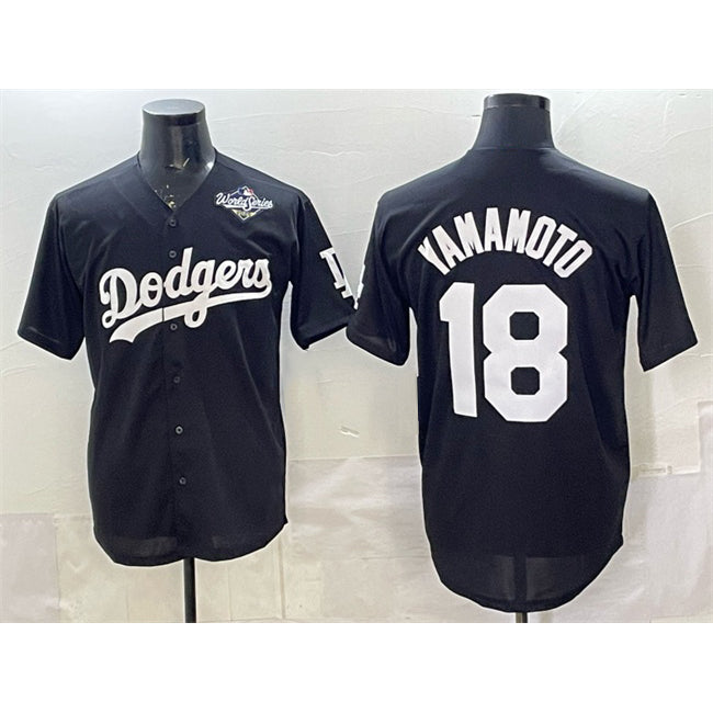 Los Angeles Dodgers #18 Yoshinobu Yamamoto Black Jereymy 2025 World Series Patch Cool Base Stitched Jersey