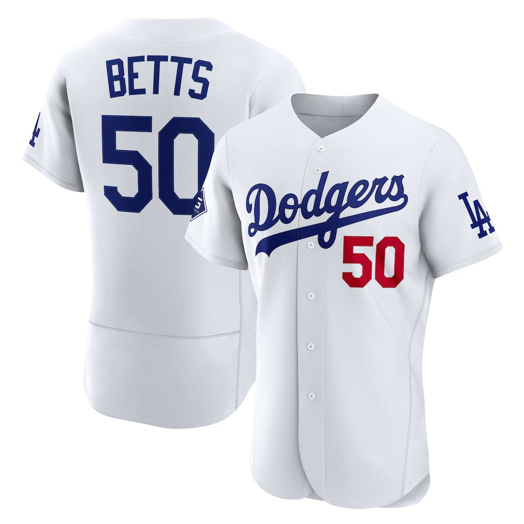 Los Angeles Dodgers #50 Mookie Betts White Jereymy Home Authentic Sponsor Patch Jersey