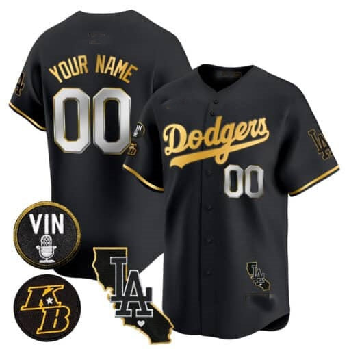 Custom Los Angeles Dodgers Vin Patch & Kobe Bryant Gold Trim Vapor Premier Limited Jersey V2 ¨C All Stitched-Black Jereymy