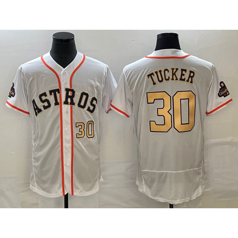 Houston Astros #30 Kyle Tucker Number 2023 White Gold Jereymy World Serise Champions Patch Flex Base Stitched Jersey 2
