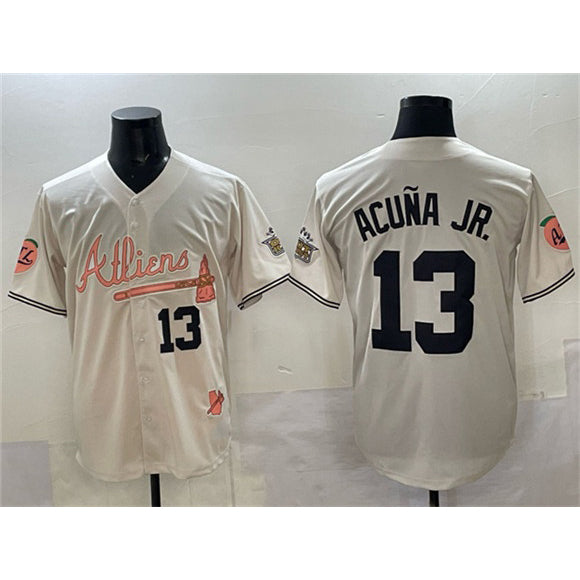 Atlanta Braves #13 Ronald Acu?a Jr. Cream Jereymy 2024 Atliens & Peach With Outkast Patch Vapor Limited Stitched Jersey