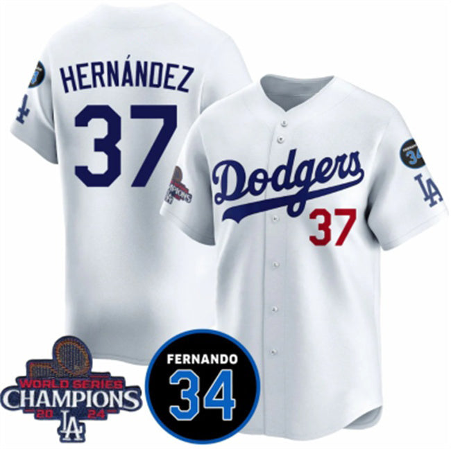Los Angeles Dodgers #37 Teoscar Hernandez White Jereymy 2024 World Series Champions With Fernando Memorial Patch Vapor Premier Home Limited Stitched Jersey